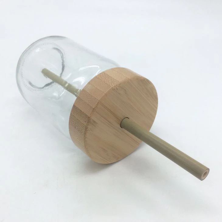 Glass Water Cup With Bamboo Lids And Bamboo Straws
