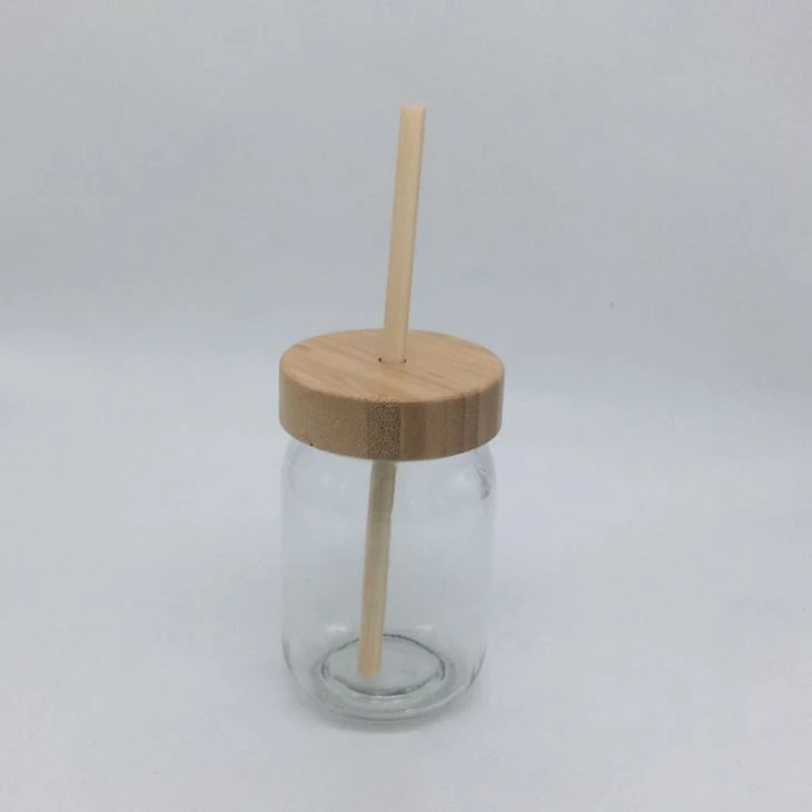 Glass Water Cup With Bamboo Lids And Bamboo Straws